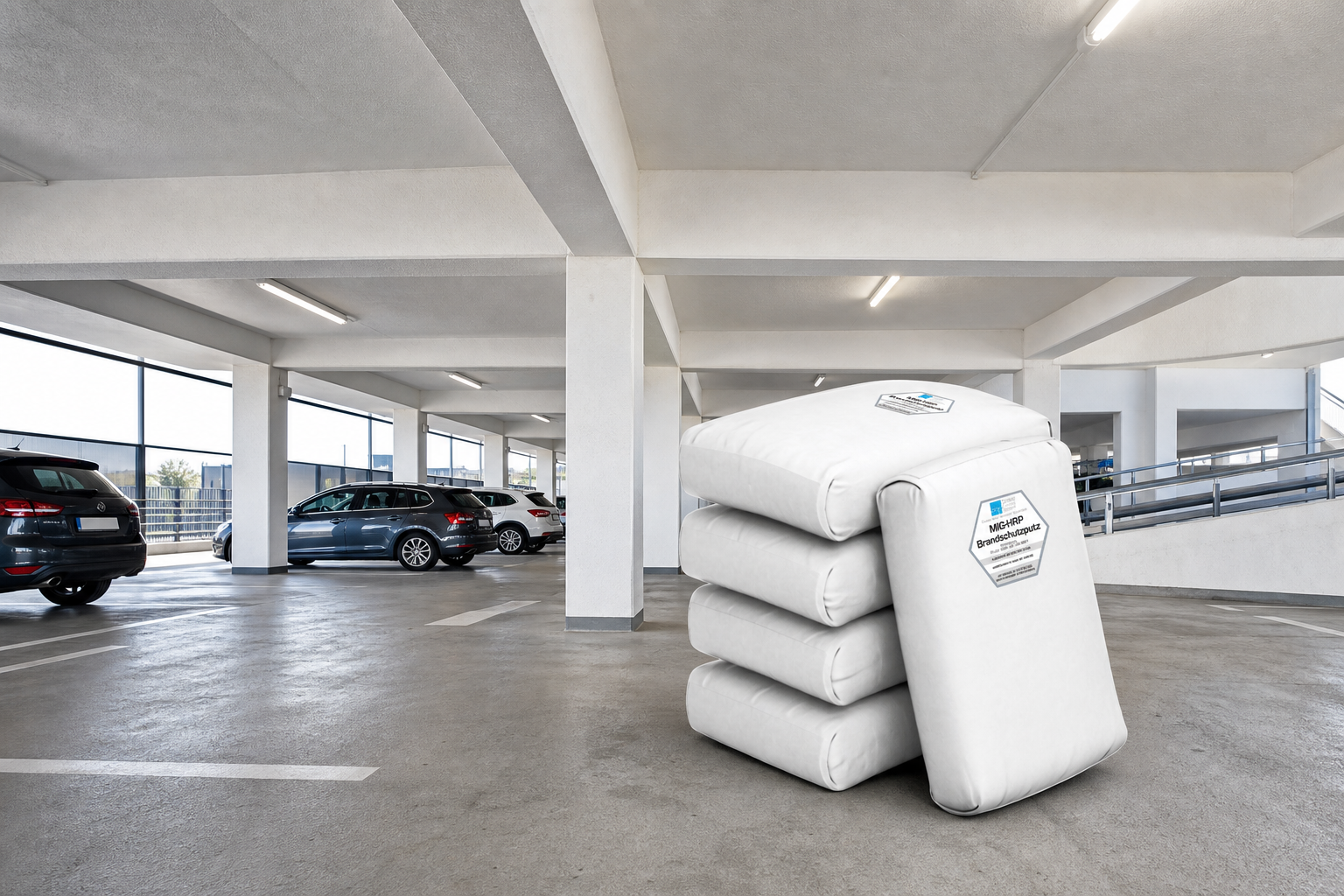 MIG-HRP fire-protection plaster bags in a multi-storey concrete car park